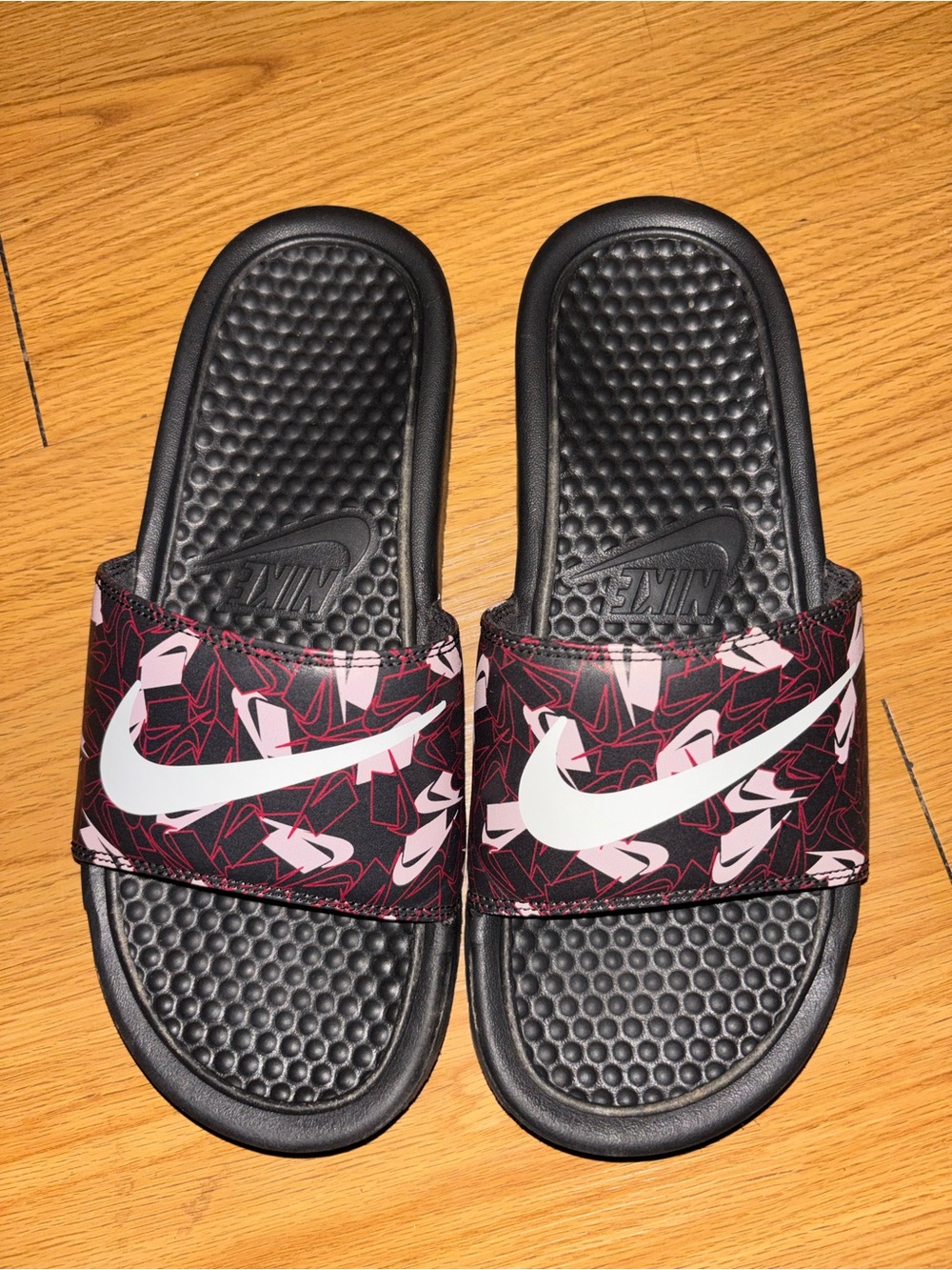 Nike Black Slides with Pink and White Graphic Strap
